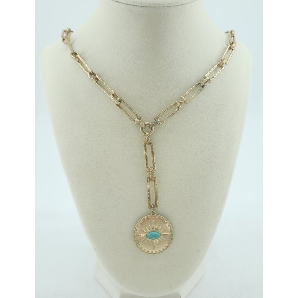 Canvas Brand Gold Toned Necklace Rolo Link‎ Chain Evil Eye Medallian Turquoise